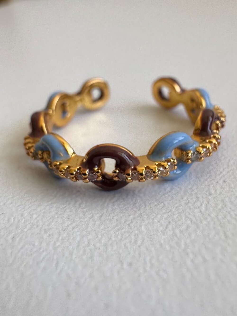 925 Sterling Silver Gold Plated Enamel Ring w/ Zirconia Open Adjustable Dainty - Picture 4 of 6